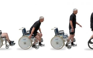 Gernot Morgenfurt auf vier Bildern nebeneinander: erst im Rollstuhl, dann aufstehend, dann stehend und am vierten Bild auf dem Einrad, Credit: G. Morgenfurt