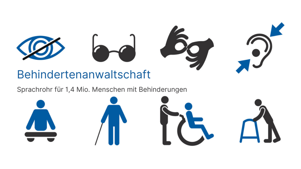 Symbolbilder unterschiedlicher Behinderungen, Text: Behindertenanwaltschaft. Sprachrohr für 1,4 Mio. Menschen mit Behinderungen, Credit: Canva
